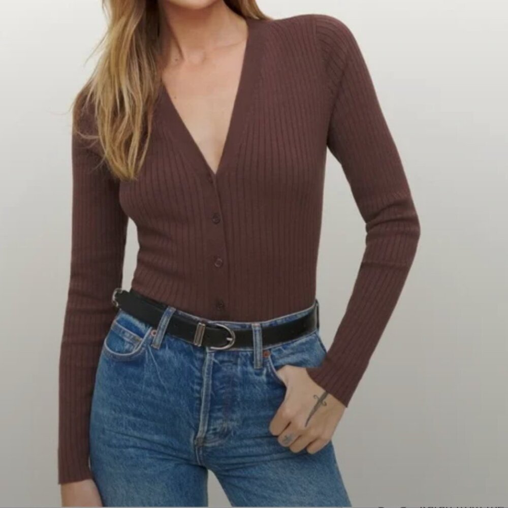 Reformation Gilda Ribbed V-Neck Cardigan (chestnut)